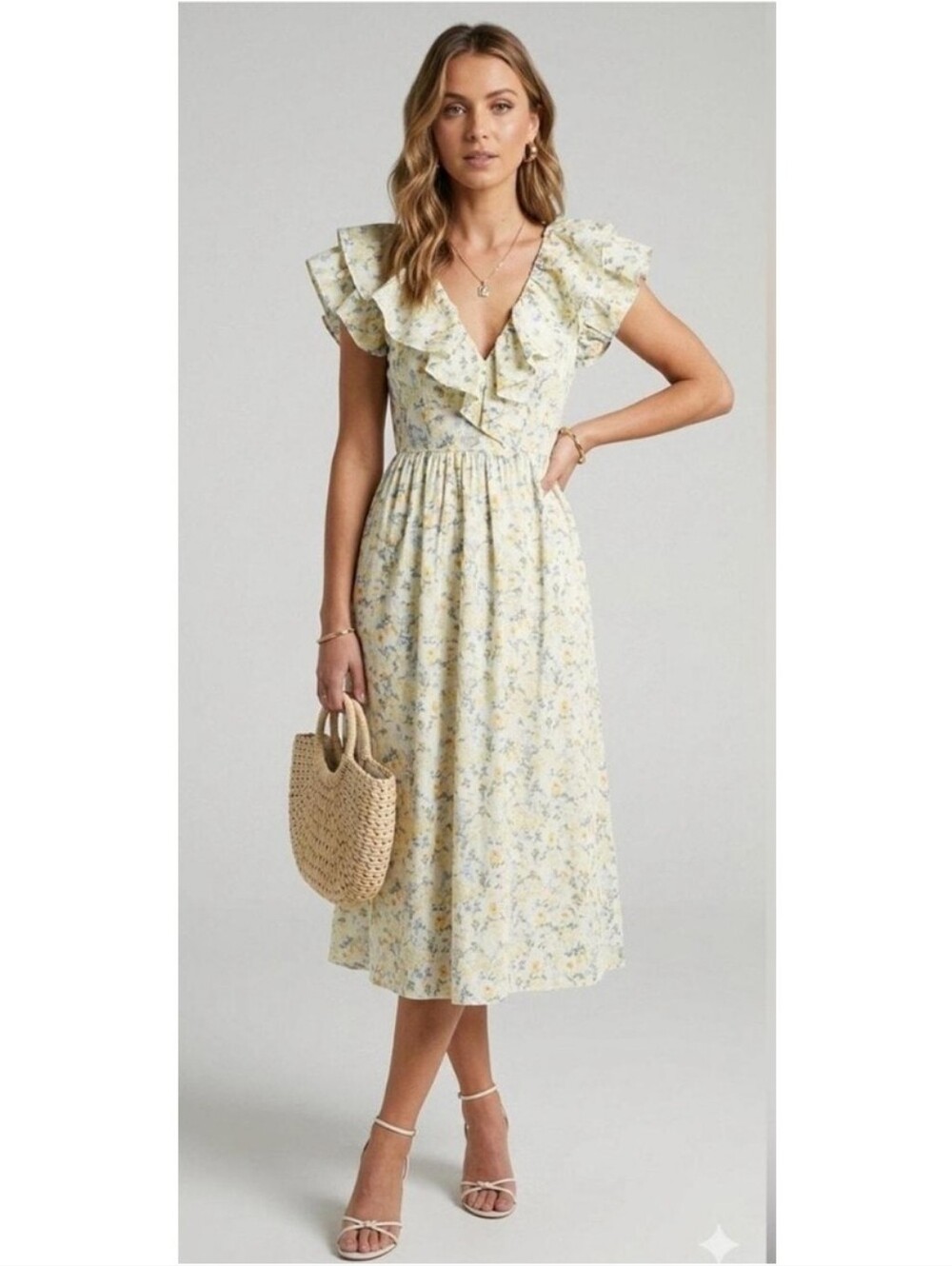 NEW Anthropologie O.P.T Kate Ruffle Blue Floral Boho Midi Dress Size Medium
